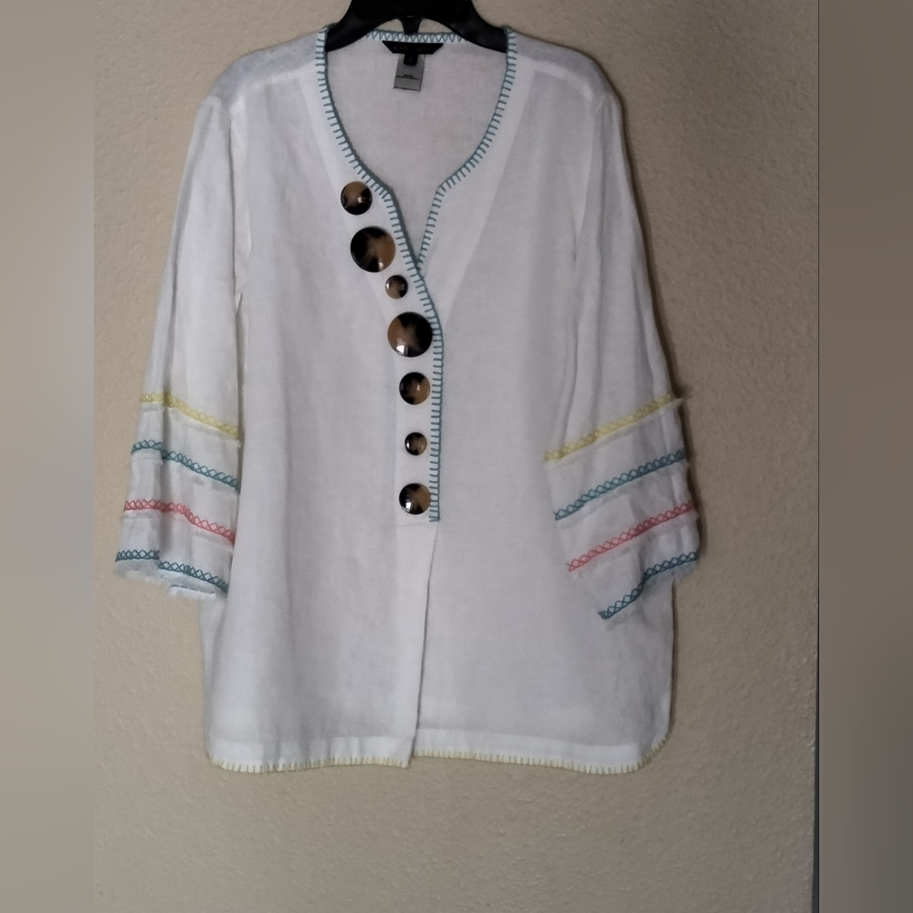 John Mark Women’s White Linen Top – Long Sleeve with Unique Decorative Buttons –